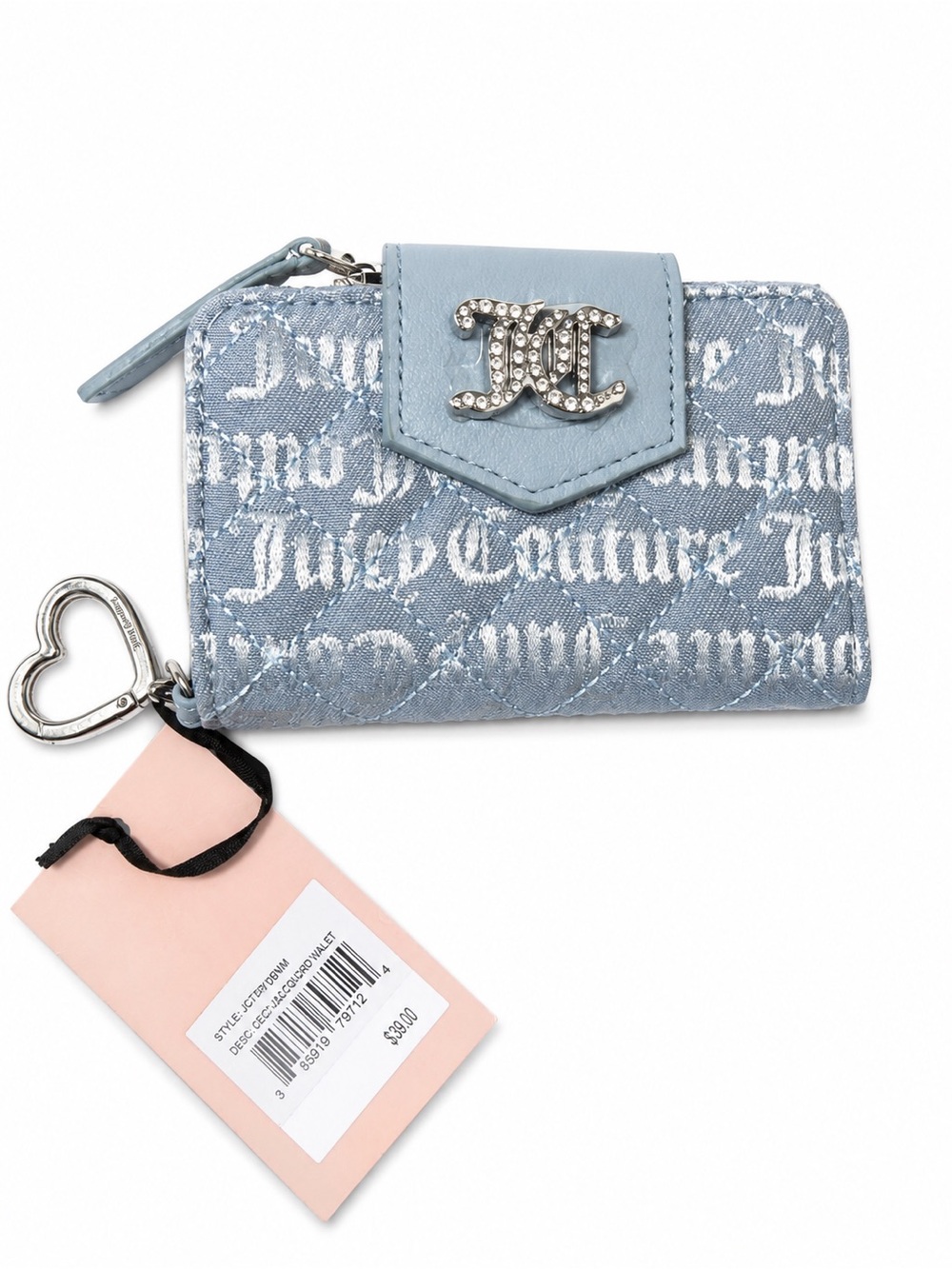 Juicy Couture Powder Blue Quilted Logo Card Holder with Heart Charm